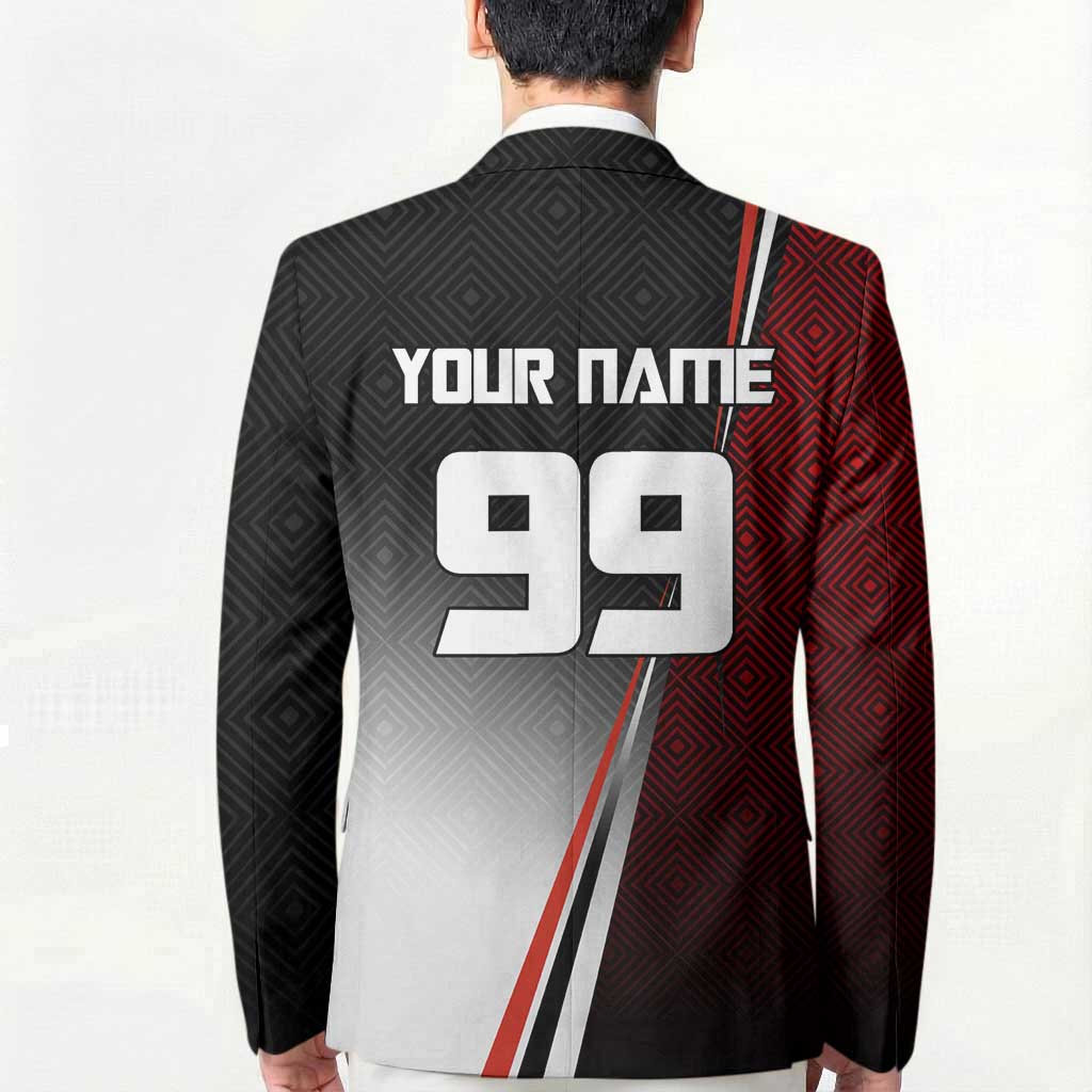 Personalized Panda Jujutsu Kaisen Soccer Theme Blazer with Goalkeeper Pose and Red Black Geometric Graphic Design - The Mazicc
