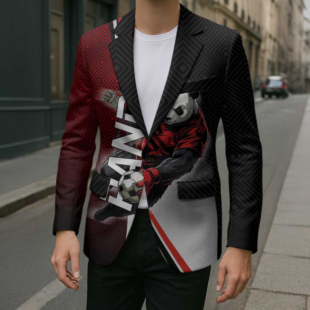 Personalized Panda Jujutsu Kaisen Soccer Theme Blazer with Goalkeeper Pose and Red Black Geometric Graphic Design - The Mazicc