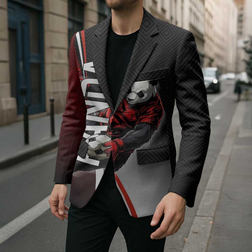 Personalized Panda Jujutsu Kaisen Soccer Theme Blazer with Goalkeeper Pose and Red Black Geometric Graphic Design - The Mazicc