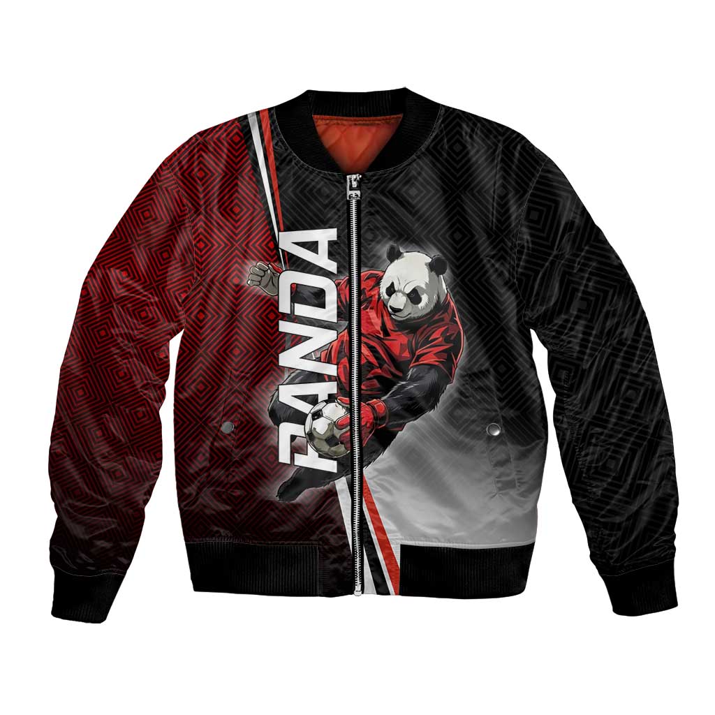Personalized Panda Jujutsu Kaisen Soccer Theme Bomber Jacket with Goalkeeper Pose and Red Black Geometric Graphic Design - The Mazicc