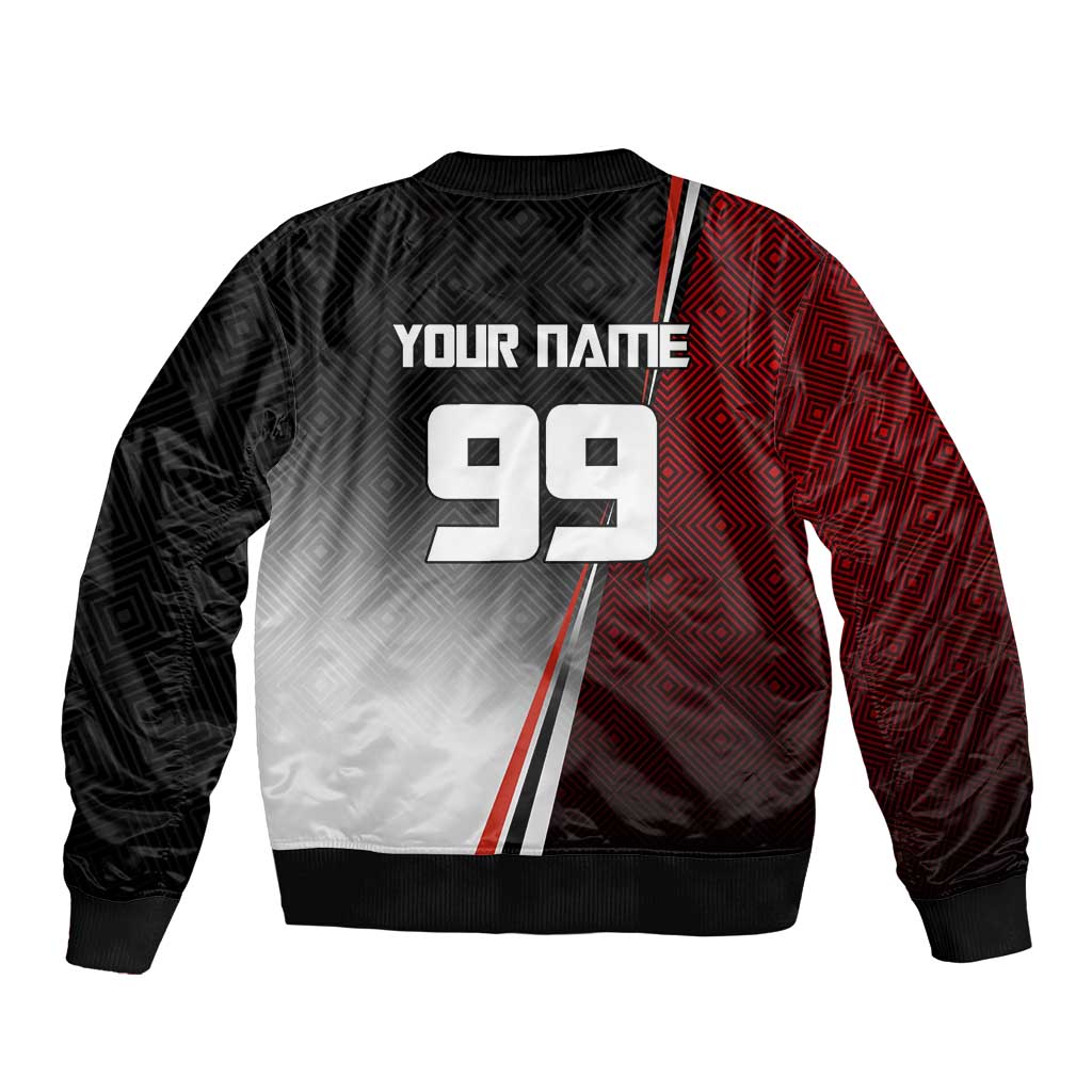 Personalized Panda Jujutsu Kaisen Soccer Theme Bomber Jacket with Goalkeeper Pose and Red Black Geometric Graphic Design - The Mazicc