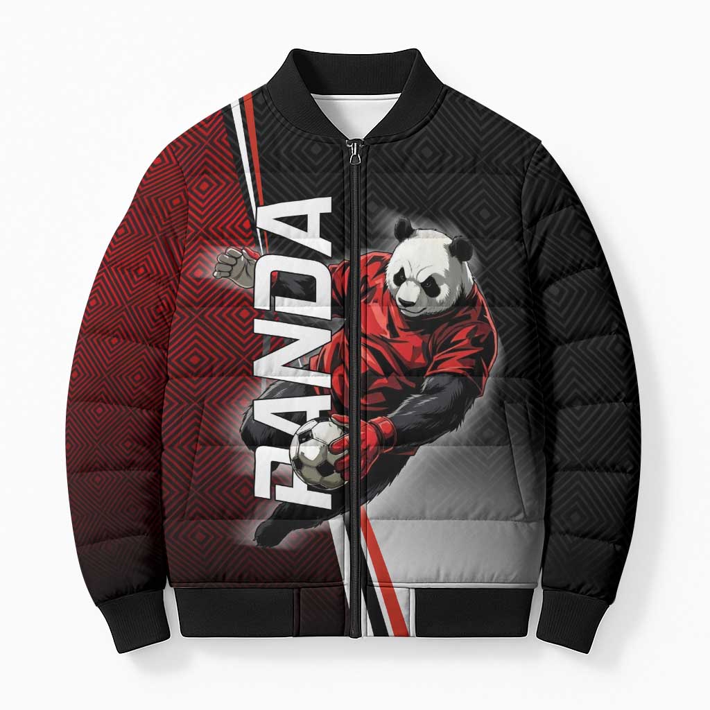 Personalized Panda Jujutsu Kaisen Soccer Theme Bomber Puffer Jacket with Goalkeeper Pose and Red Black Geometric Graphic Design - The Mazicc