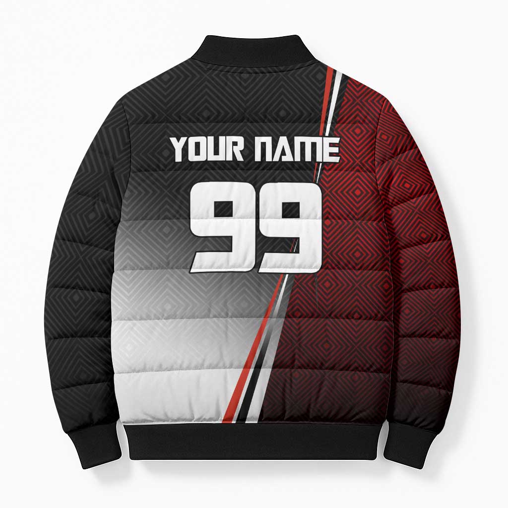 Personalized Panda Jujutsu Kaisen Soccer Theme Bomber Puffer Jacket with Goalkeeper Pose and Red Black Geometric Graphic Design - The Mazicc