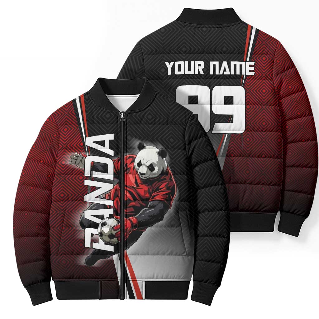 Personalized Panda Jujutsu Kaisen Soccer Theme Bomber Puffer Jacket with Goalkeeper Pose and Red Black Geometric Graphic Design - The Mazicc