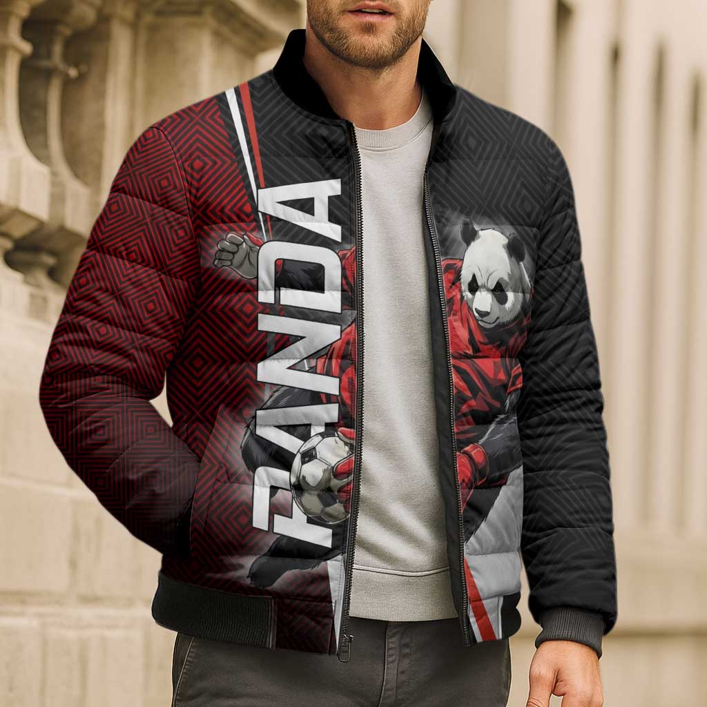 Personalized Panda Jujutsu Kaisen Soccer Theme Bomber Puffer Jacket with Goalkeeper Pose and Red Black Geometric Graphic Design - The Mazicc
