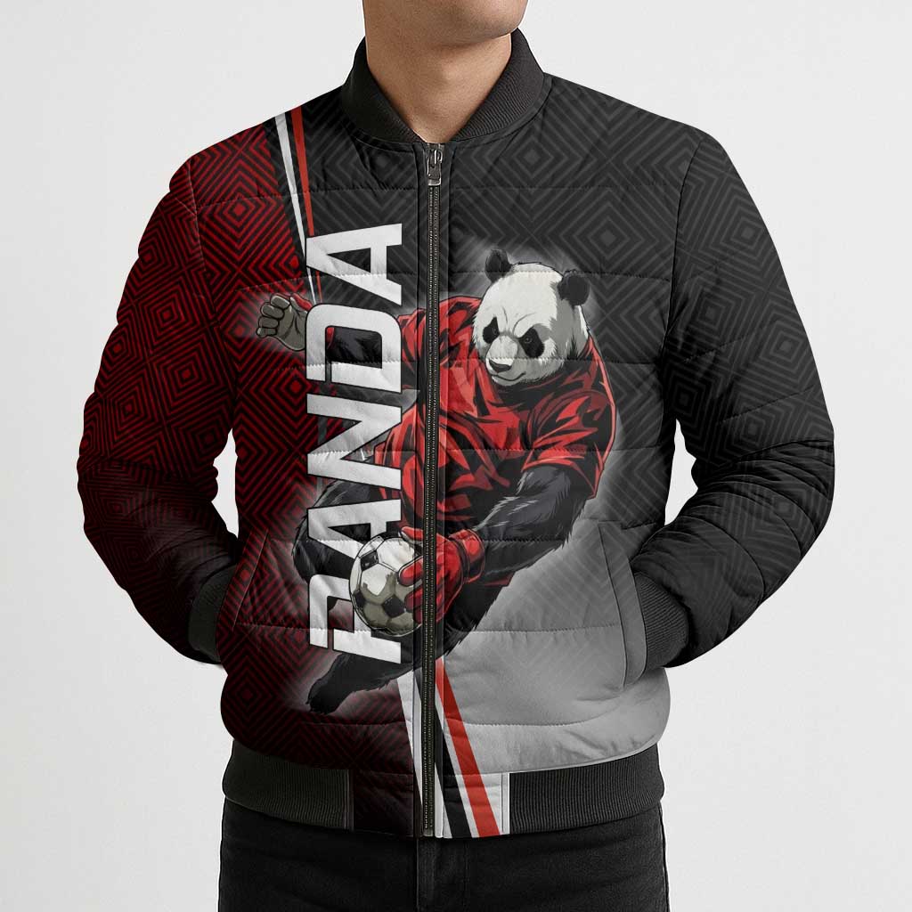 Personalized Panda Jujutsu Kaisen Soccer Theme Bomber Puffer Jacket with Goalkeeper Pose and Red Black Geometric Graphic Design - The Mazicc