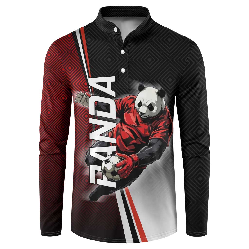 Personalized Panda Jujutsu Kaisen Soccer Theme Button Sweatshirt with Goalkeeper Pose and Red Black Geometric Graphic Design - The Mazicc