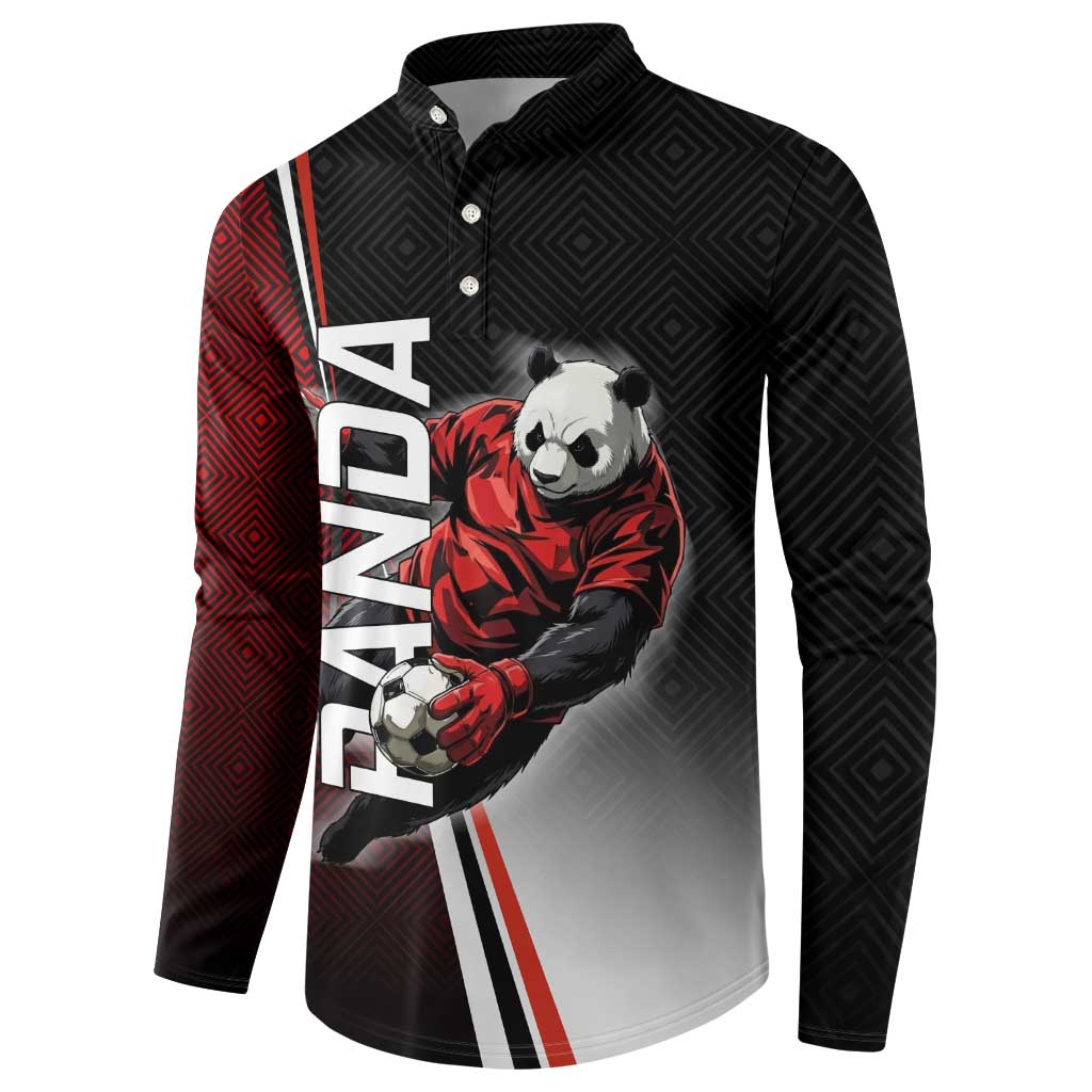 Personalized Panda Jujutsu Kaisen Soccer Theme Button Sweatshirt with Goalkeeper Pose and Red Black Geometric Graphic Design - The Mazicc