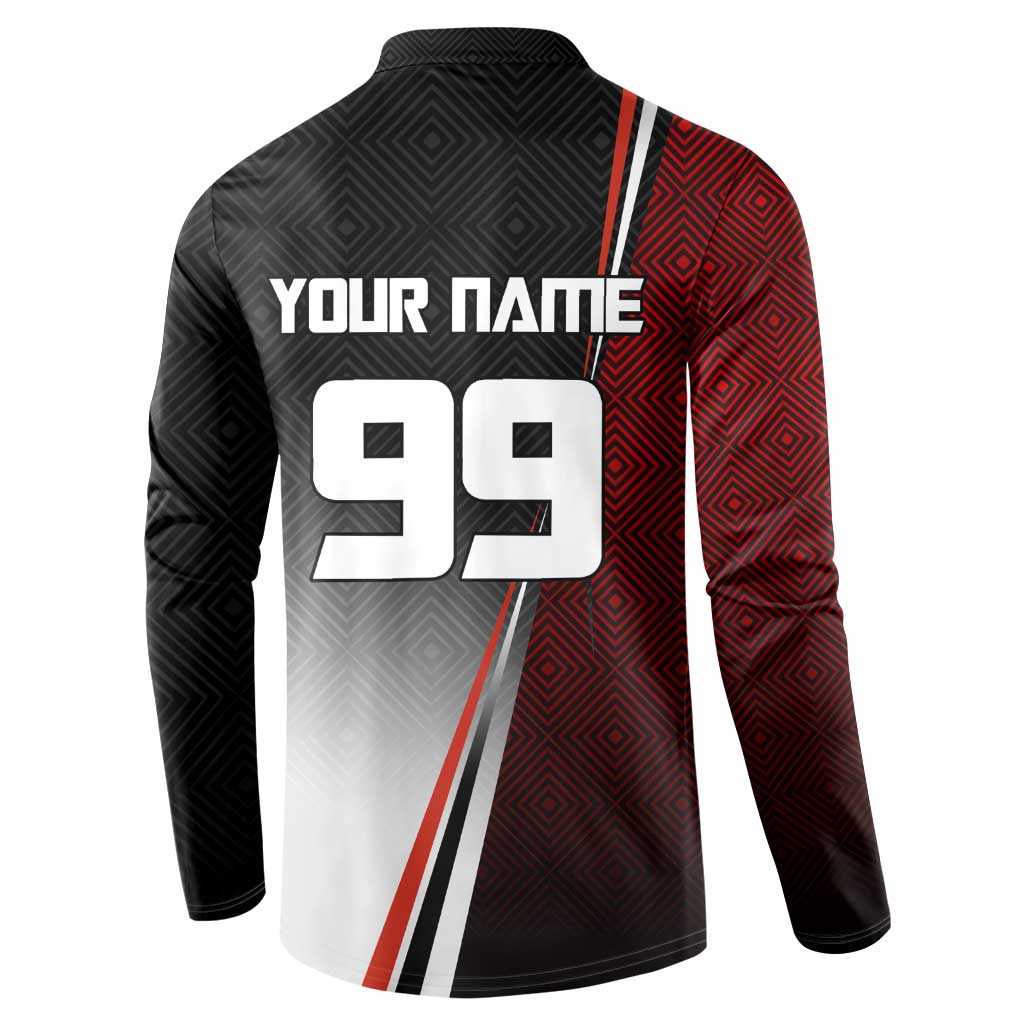 Personalized Panda Jujutsu Kaisen Soccer Theme Button Sweatshirt with Goalkeeper Pose and Red Black Geometric Graphic Design - The Mazicc