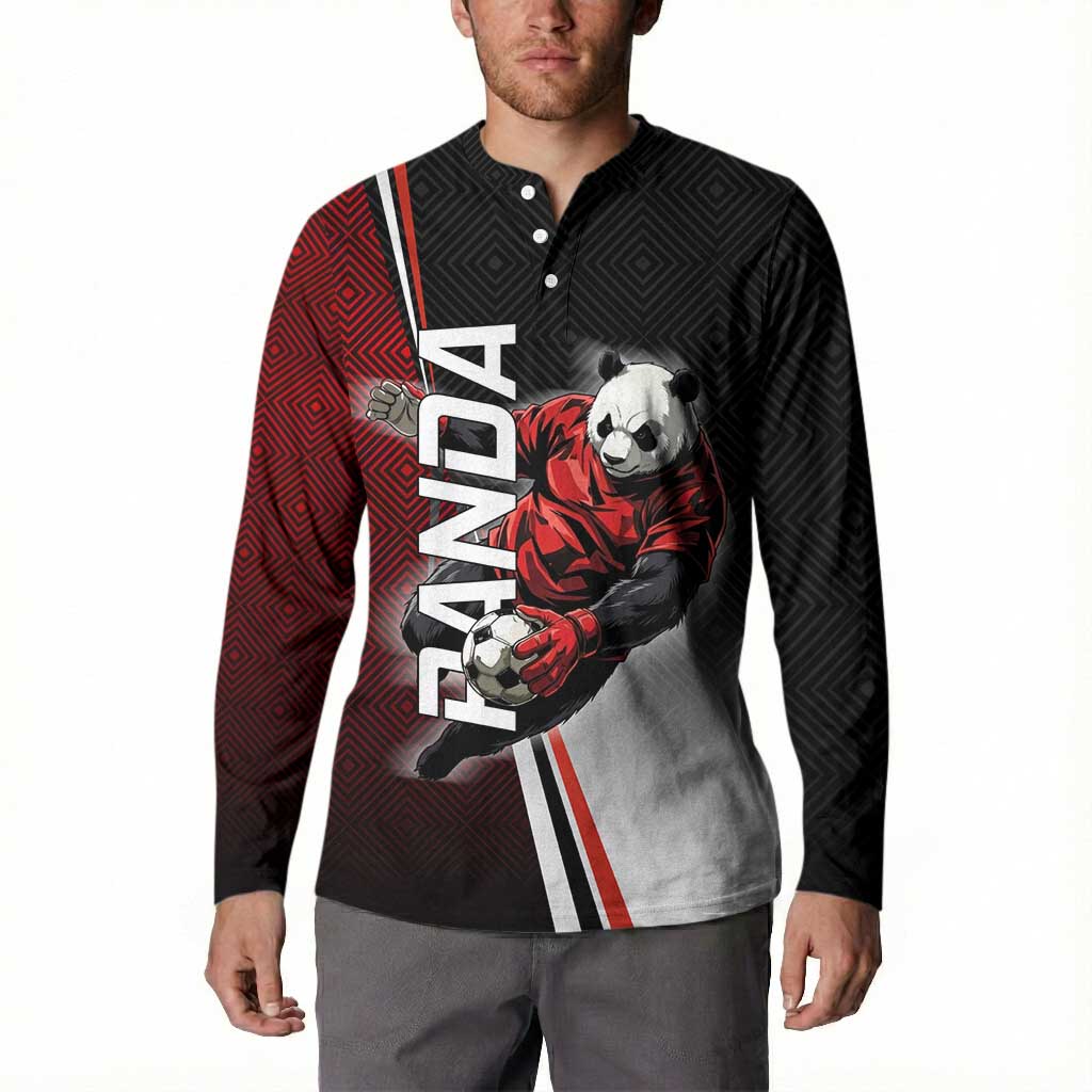 Personalized Panda Jujutsu Kaisen Soccer Theme Button Sweatshirt with Goalkeeper Pose and Red Black Geometric Graphic Design - The Mazicc