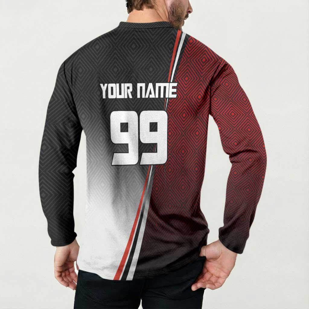 Personalized Panda Jujutsu Kaisen Soccer Theme Button Sweatshirt with Goalkeeper Pose and Red Black Geometric Graphic Design - The Mazicc