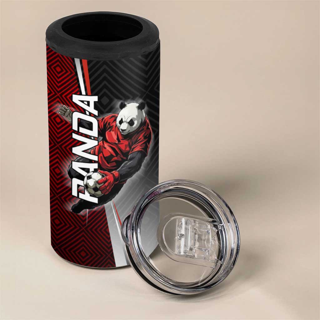 Personalized Panda Jujutsu Kaisen Soccer Theme 4 in 1 Can Cooler Tumbler with Goalkeeper Pose and Red Black Geometric Graphic Design - The Mazicc