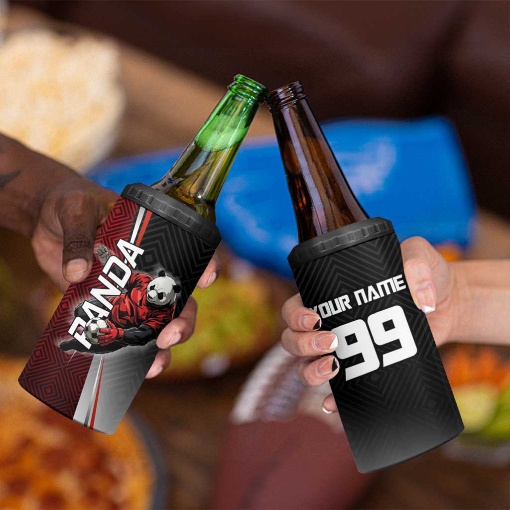 Personalized Panda Jujutsu Kaisen Soccer Theme 4 in 1 Can Cooler Tumbler with Goalkeeper Pose and Red Black Geometric Graphic Design - The Mazicc