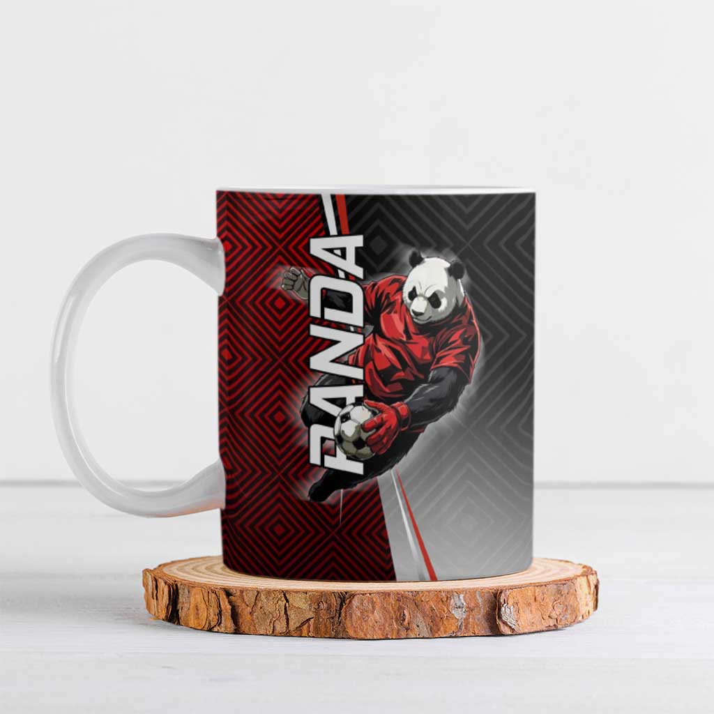 Personalized Panda Jujutsu Kaisen Soccer Theme Ceramic Mug with Goalkeeper Pose and Red Black Geometric Graphic Design - The Mazicc