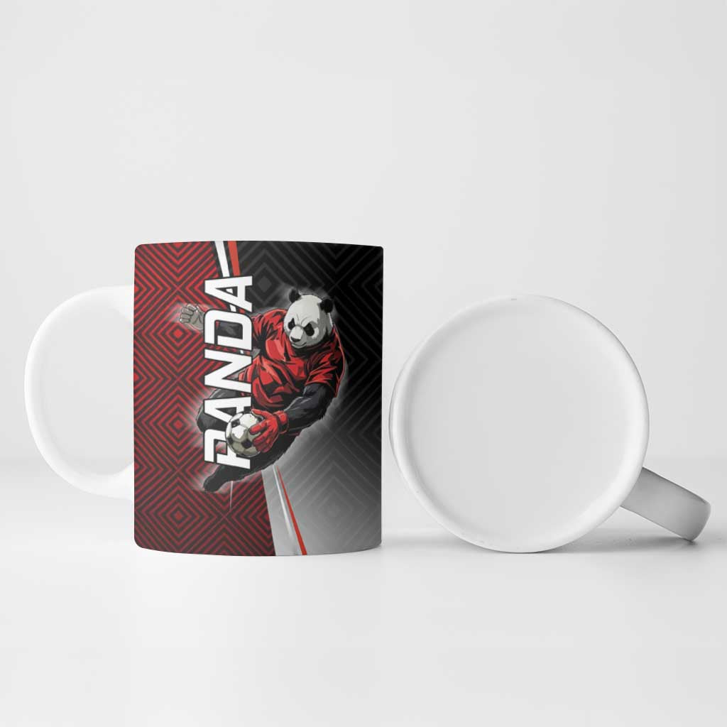 Personalized Panda Jujutsu Kaisen Soccer Theme Ceramic Mug with Goalkeeper Pose and Red Black Geometric Graphic Design - The Mazicc