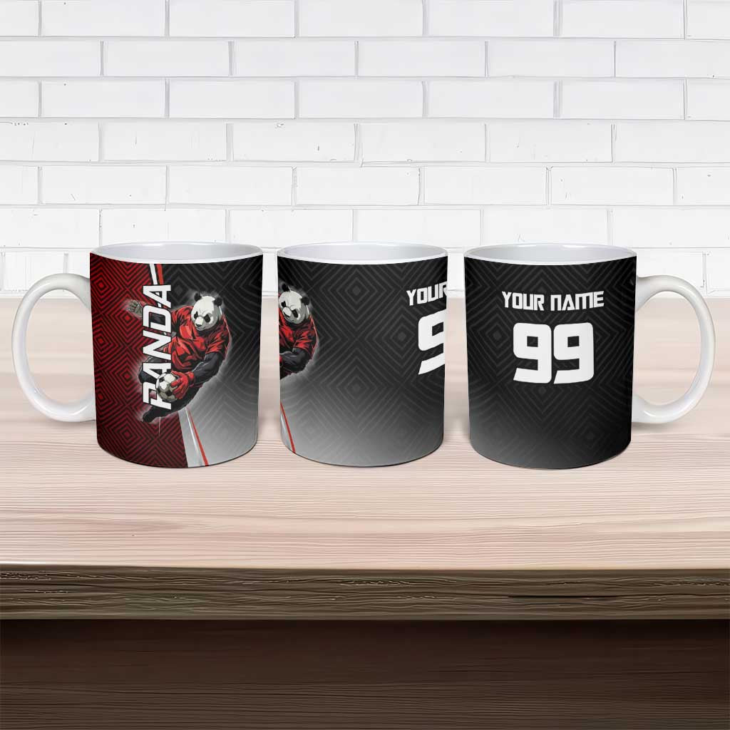 Personalized Panda Jujutsu Kaisen Soccer Theme Ceramic Mug with Goalkeeper Pose and Red Black Geometric Graphic Design - The Mazicc