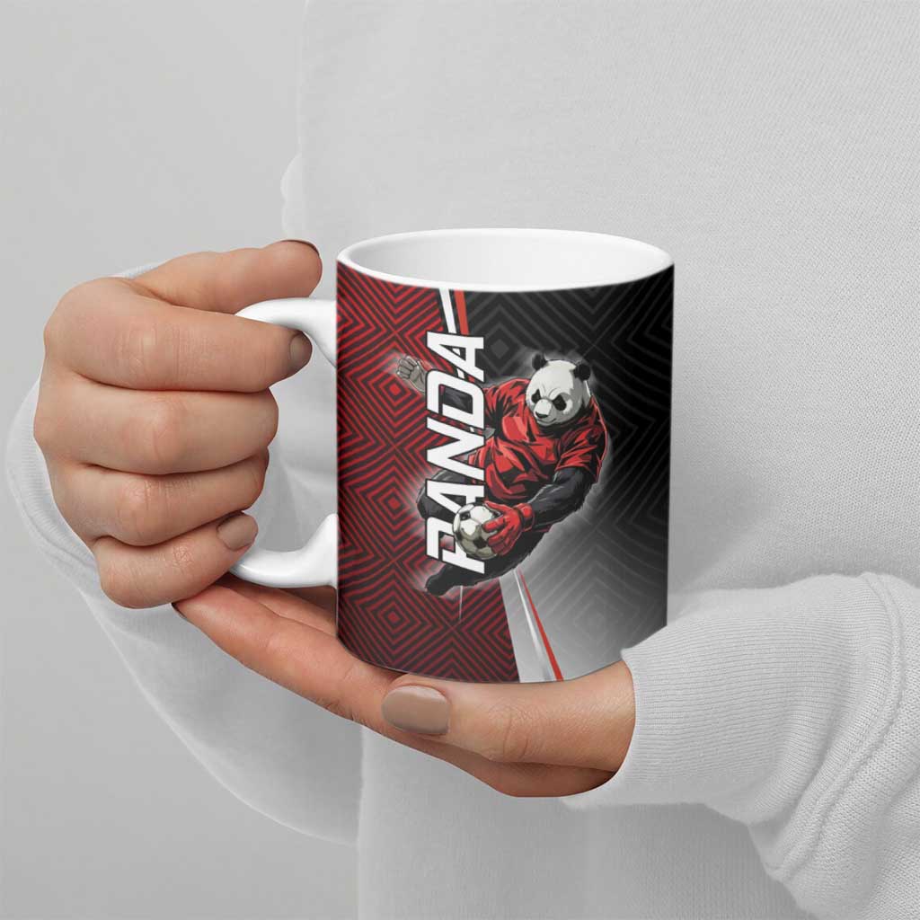 Personalized Panda Jujutsu Kaisen Soccer Theme Ceramic Mug with Goalkeeper Pose and Red Black Geometric Graphic Design - The Mazicc