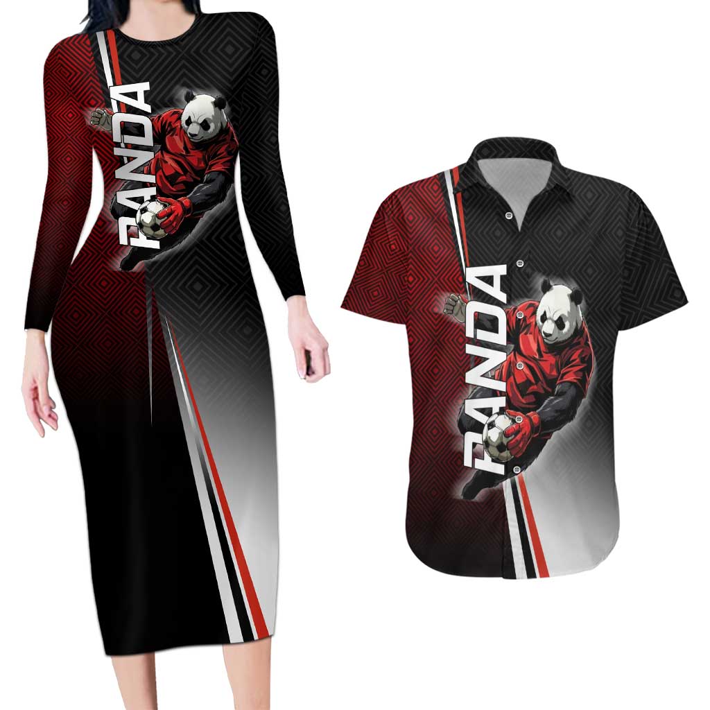 Personalized Panda Jujutsu Kaisen Soccer Theme Couples Matching Long Sleeve Bodycon Dress and Hawaiian Shirt with Goalkeeper Pose and Red Black Geometric Graphic Design - The Mazicc