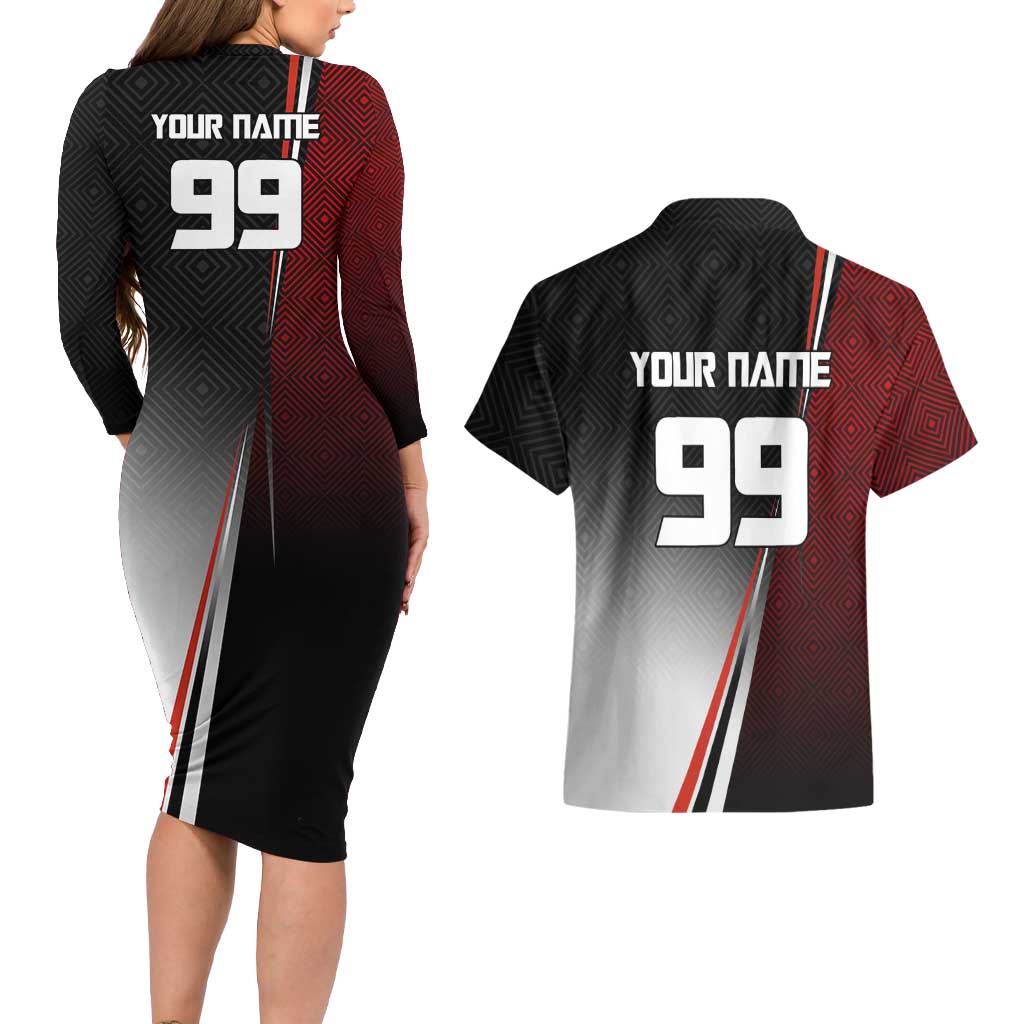 Personalized Panda Jujutsu Kaisen Soccer Theme Couples Matching Long Sleeve Bodycon Dress and Hawaiian Shirt with Goalkeeper Pose and Red Black Geometric Graphic Design - The Mazicc