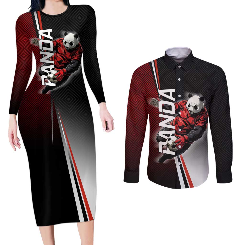 Personalized Panda Jujutsu Kaisen Soccer Theme Couples Matching Long Sleeve Bodycon Dress and Long Sleeve Button Shirt with Goalkeeper Pose and Red Black Geometric Graphic Design - The Mazicc