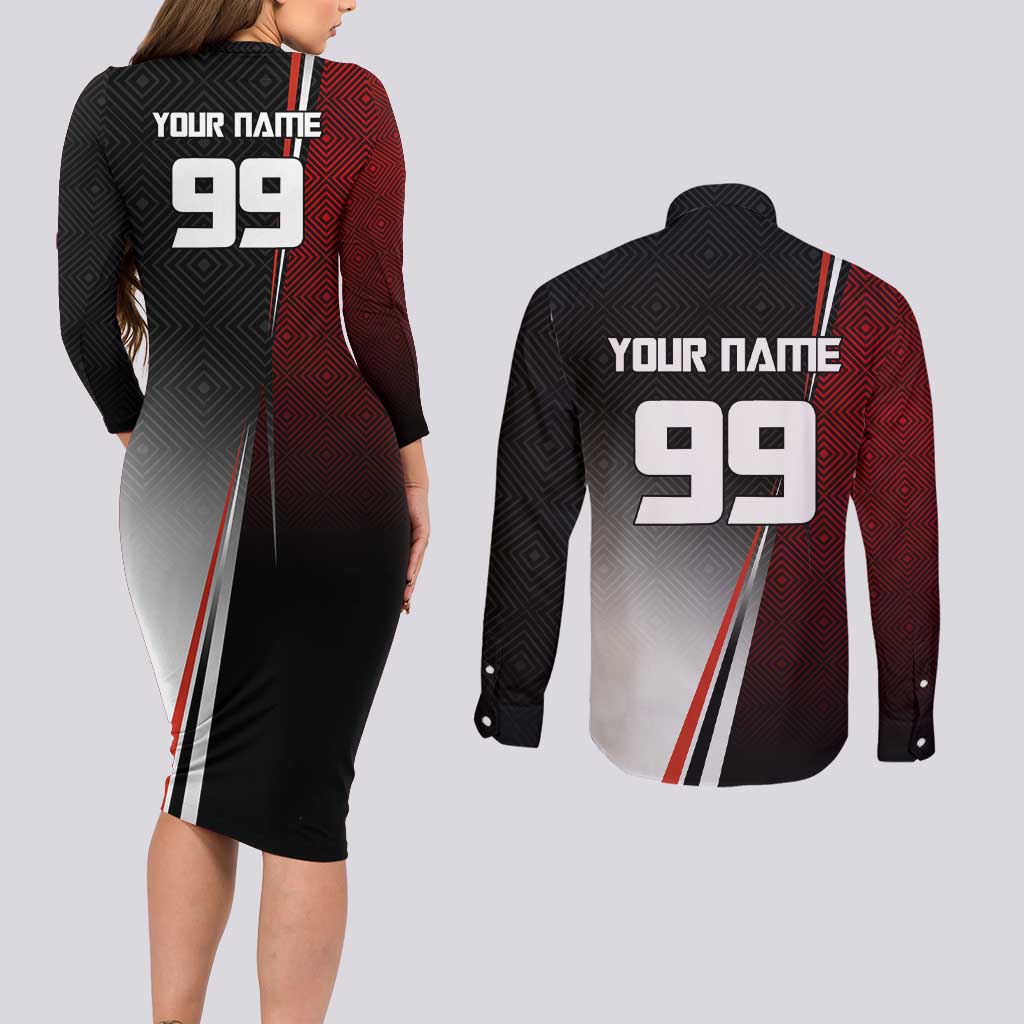 Personalized Panda Jujutsu Kaisen Soccer Theme Couples Matching Long Sleeve Bodycon Dress and Long Sleeve Button Shirt with Goalkeeper Pose and Red Black Geometric Graphic Design - The Mazicc