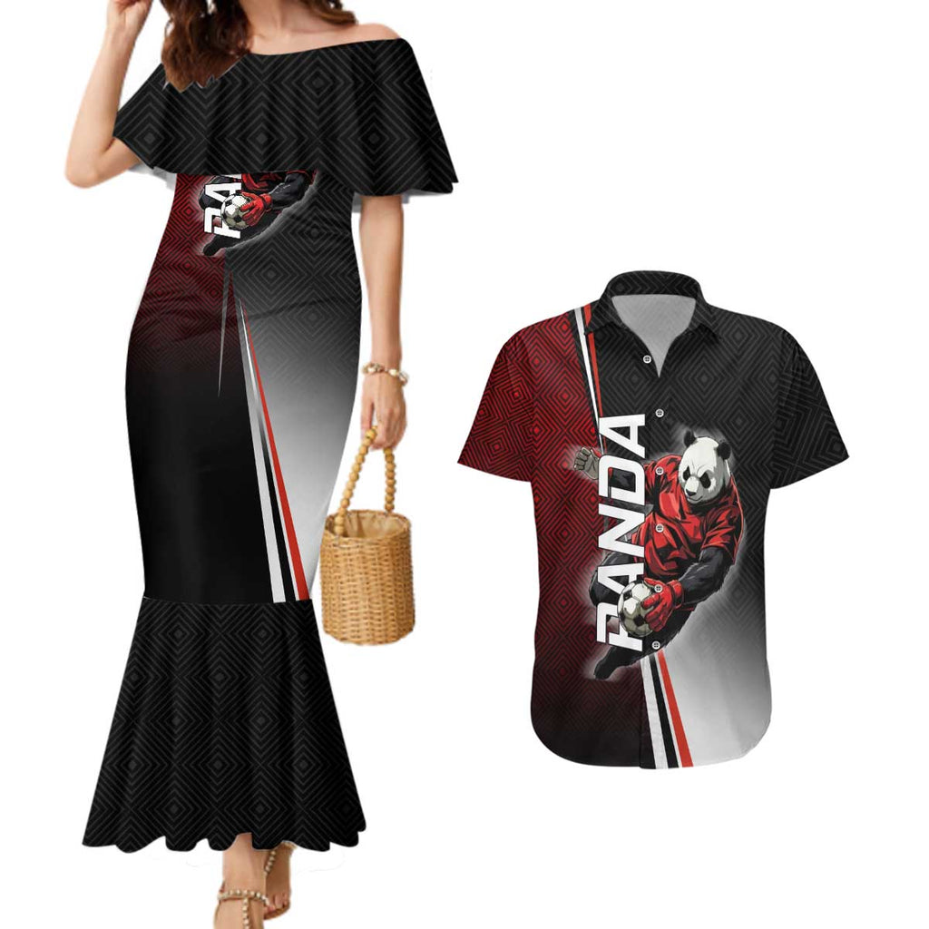 Personalized Panda Jujutsu Kaisen Soccer Theme Couples Matching Mermaid Dress and Hawaiian Shirt with Goalkeeper Pose and Red Black Geometric Graphic Design - The Mazicc