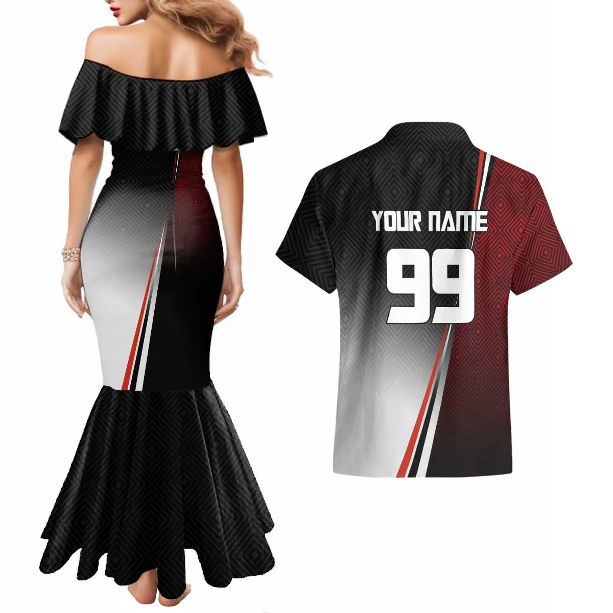 Personalized Panda Jujutsu Kaisen Soccer Theme Couples Matching Mermaid Dress and Hawaiian Shirt with Goalkeeper Pose and Red Black Geometric Graphic Design - The Mazicc