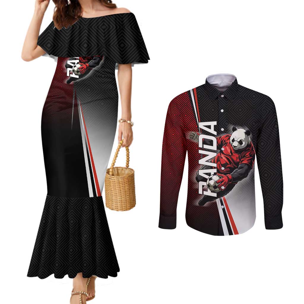 Personalized Panda Jujutsu Kaisen Soccer Theme Couples Matching Mermaid Dress and Long Sleeve Button Shirt with Goalkeeper Pose and Red Black Geometric Graphic Design - The Mazicc