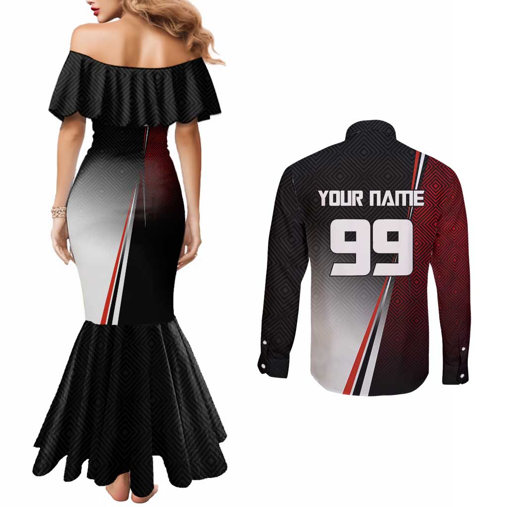 Personalized Panda Jujutsu Kaisen Soccer Theme Couples Matching Mermaid Dress and Long Sleeve Button Shirt with Goalkeeper Pose and Red Black Geometric Graphic Design - The Mazicc