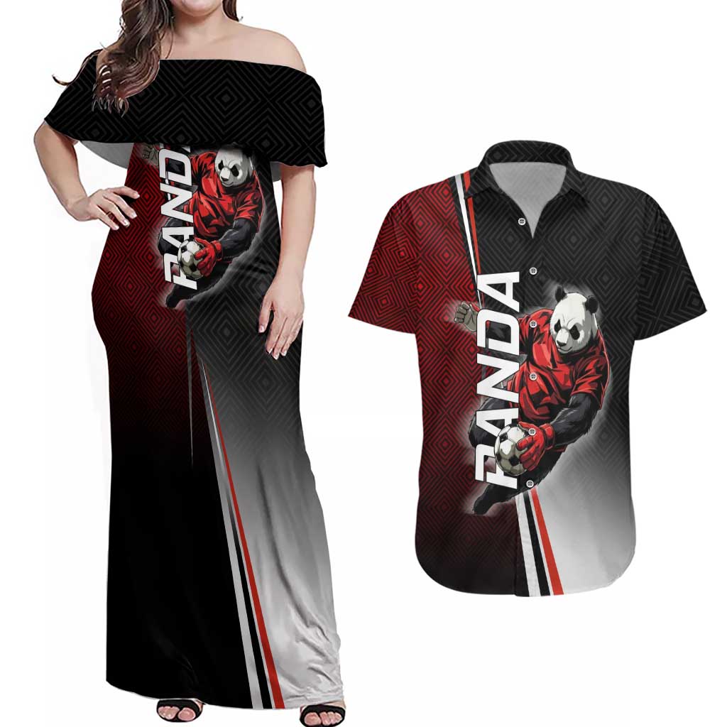 Personalized Panda Jujutsu Kaisen Soccer Theme Couples Matching Off Shoulder Maxi Dress and Hawaiian Shirt with Goalkeeper Pose and Red Black Geometric Graphic Design - The Mazicc