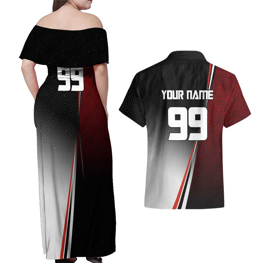 Personalized Panda Jujutsu Kaisen Soccer Theme Couples Matching Off Shoulder Maxi Dress and Hawaiian Shirt with Goalkeeper Pose and Red Black Geometric Graphic Design - The Mazicc