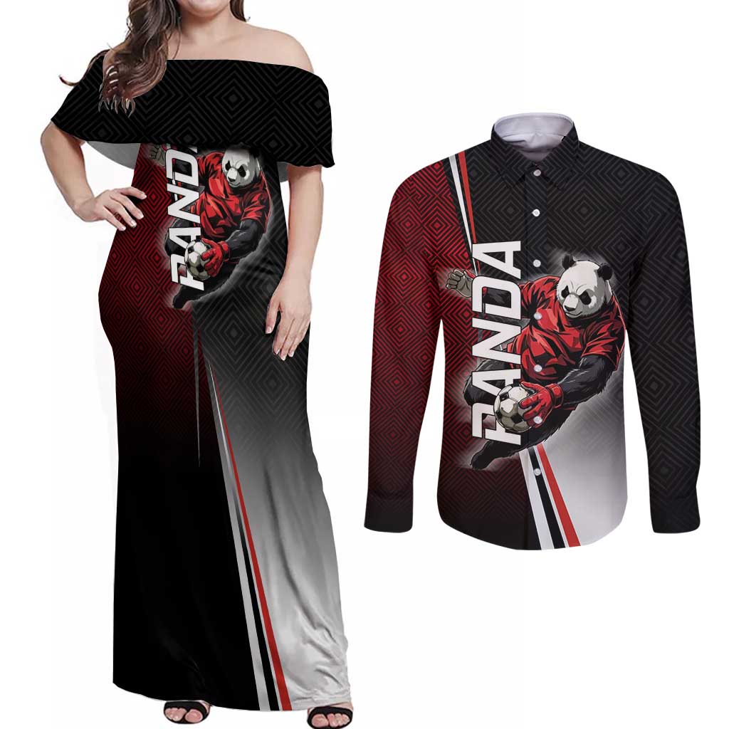 Personalized Panda Jujutsu Kaisen Soccer Theme Couples Matching Off Shoulder Maxi Dress and Long Sleeve Button Shirt with Goalkeeper Pose and Red Black Geometric Graphic Design - The Mazicc