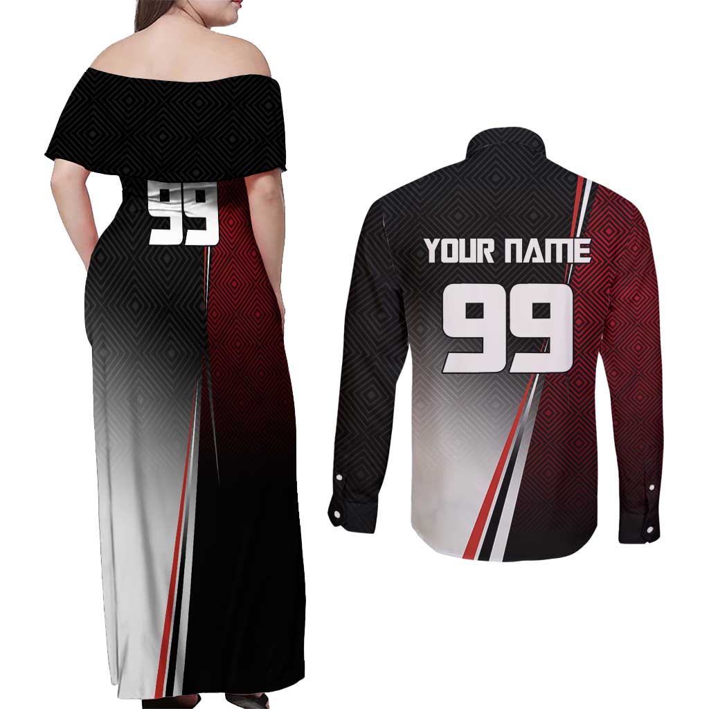 Personalized Panda Jujutsu Kaisen Soccer Theme Couples Matching Off Shoulder Maxi Dress and Long Sleeve Button Shirt with Goalkeeper Pose and Red Black Geometric Graphic Design - The Mazicc