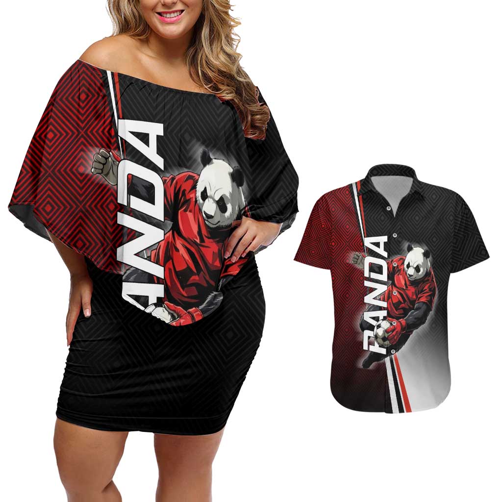 Personalized Panda Jujutsu Kaisen Soccer Theme Couples Matching Off Shoulder Short Dress and Hawaiian Shirt with Goalkeeper Pose and Red Black Geometric Graphic Design - The Mazicc