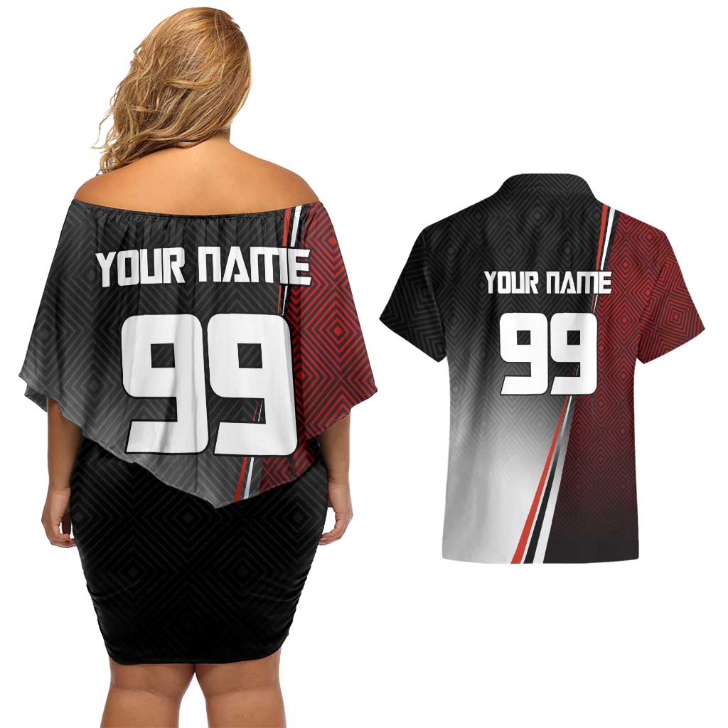 Personalized Panda Jujutsu Kaisen Soccer Theme Couples Matching Off Shoulder Short Dress and Hawaiian Shirt with Goalkeeper Pose and Red Black Geometric Graphic Design - The Mazicc