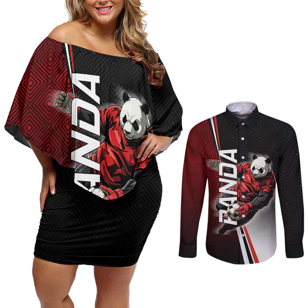 Personalized Panda Jujutsu Kaisen Soccer Theme Couples Matching Off Shoulder Short Dress and Long Sleeve Button Shirt with Goalkeeper Pose and Red Black Geometric Graphic Design - The Mazicc