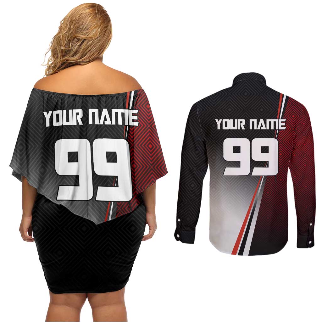Personalized Panda Jujutsu Kaisen Soccer Theme Couples Matching Off Shoulder Short Dress and Long Sleeve Button Shirt with Goalkeeper Pose and Red Black Geometric Graphic Design - The Mazicc