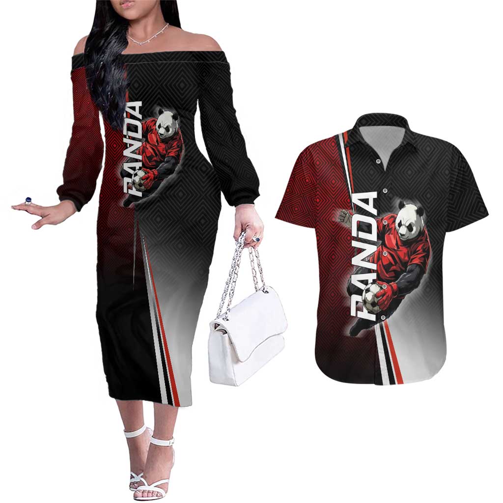 Personalized Panda Jujutsu Kaisen Soccer Theme Couples Matching Off The Shoulder Long Sleeve Dress and Hawaiian Shirt with Goalkeeper Pose and Red Black Geometric Graphic Design - The Mazicc