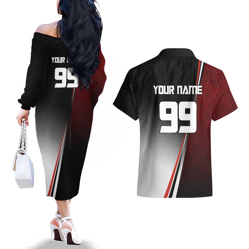 Personalized Panda Jujutsu Kaisen Soccer Theme Couples Matching Off The Shoulder Long Sleeve Dress and Hawaiian Shirt with Goalkeeper Pose and Red Black Geometric Graphic Design - The Mazicc