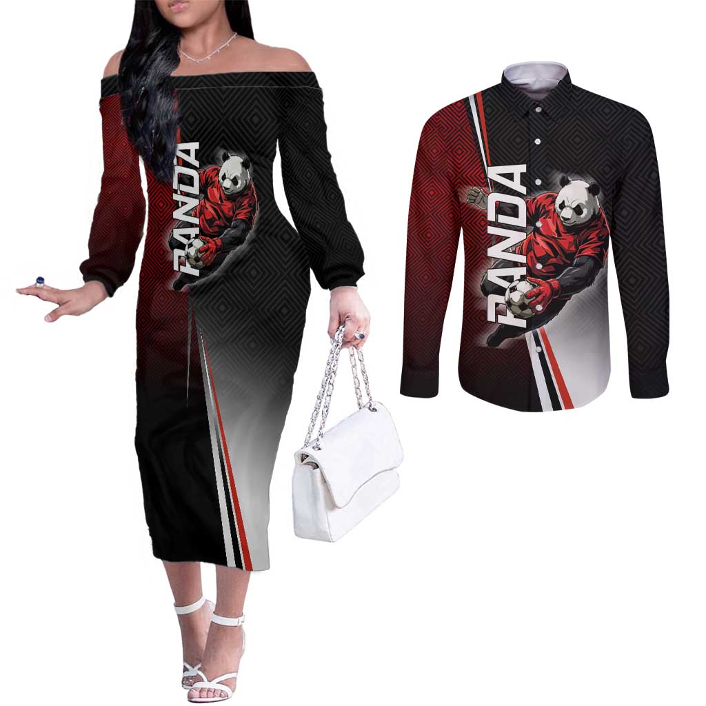 Personalized Panda Jujutsu Kaisen Soccer Theme Couples Matching Off The Shoulder Long Sleeve Dress and Long Sleeve Button Shirt with Goalkeeper Pose and Red Black Geometric Graphic Design - The Mazicc