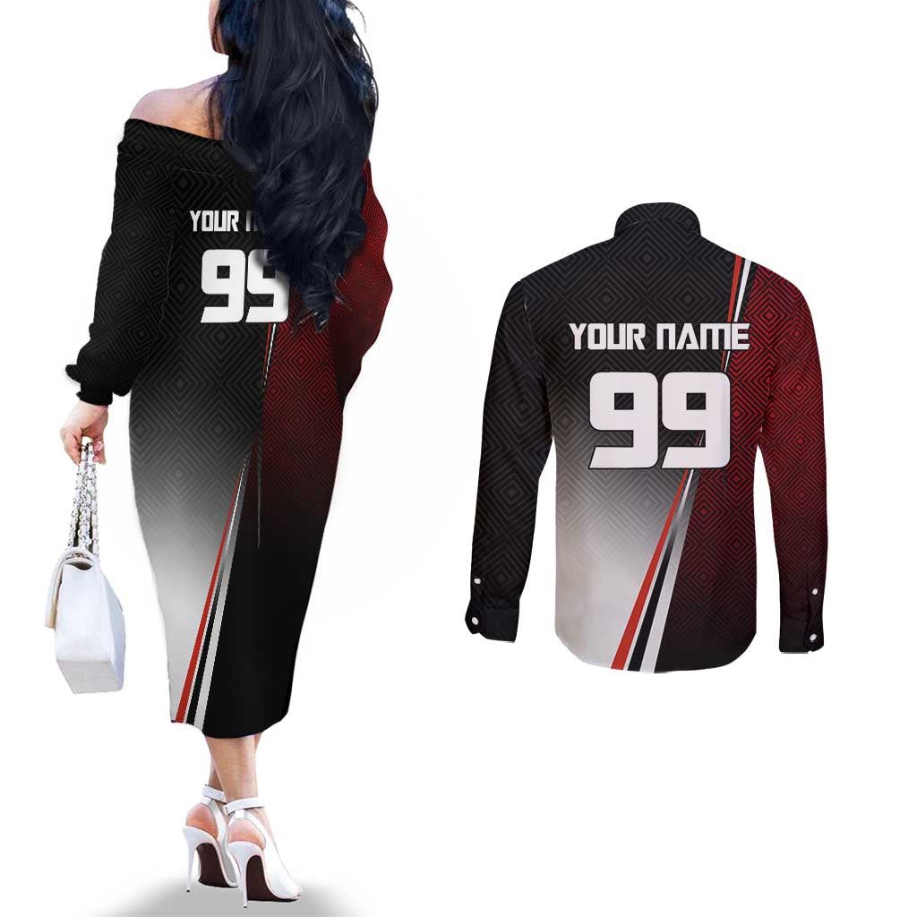 Personalized Panda Jujutsu Kaisen Soccer Theme Couples Matching Off The Shoulder Long Sleeve Dress and Long Sleeve Button Shirt with Goalkeeper Pose and Red Black Geometric Graphic Design - The Mazicc