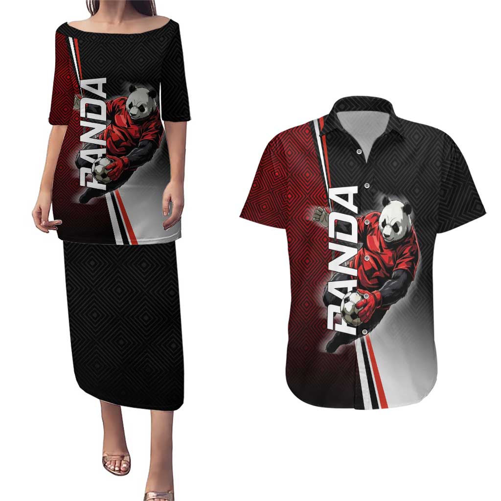 Personalized Panda Jujutsu Kaisen Soccer Theme Couples Matching Puletasi and Hawaiian Shirt with Goalkeeper Pose and Red Black Geometric Graphic Design - The Mazicc