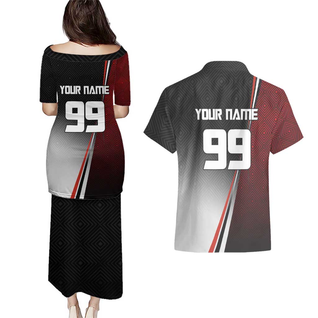 Personalized Panda Jujutsu Kaisen Soccer Theme Couples Matching Puletasi and Hawaiian Shirt with Goalkeeper Pose and Red Black Geometric Graphic Design - The Mazicc