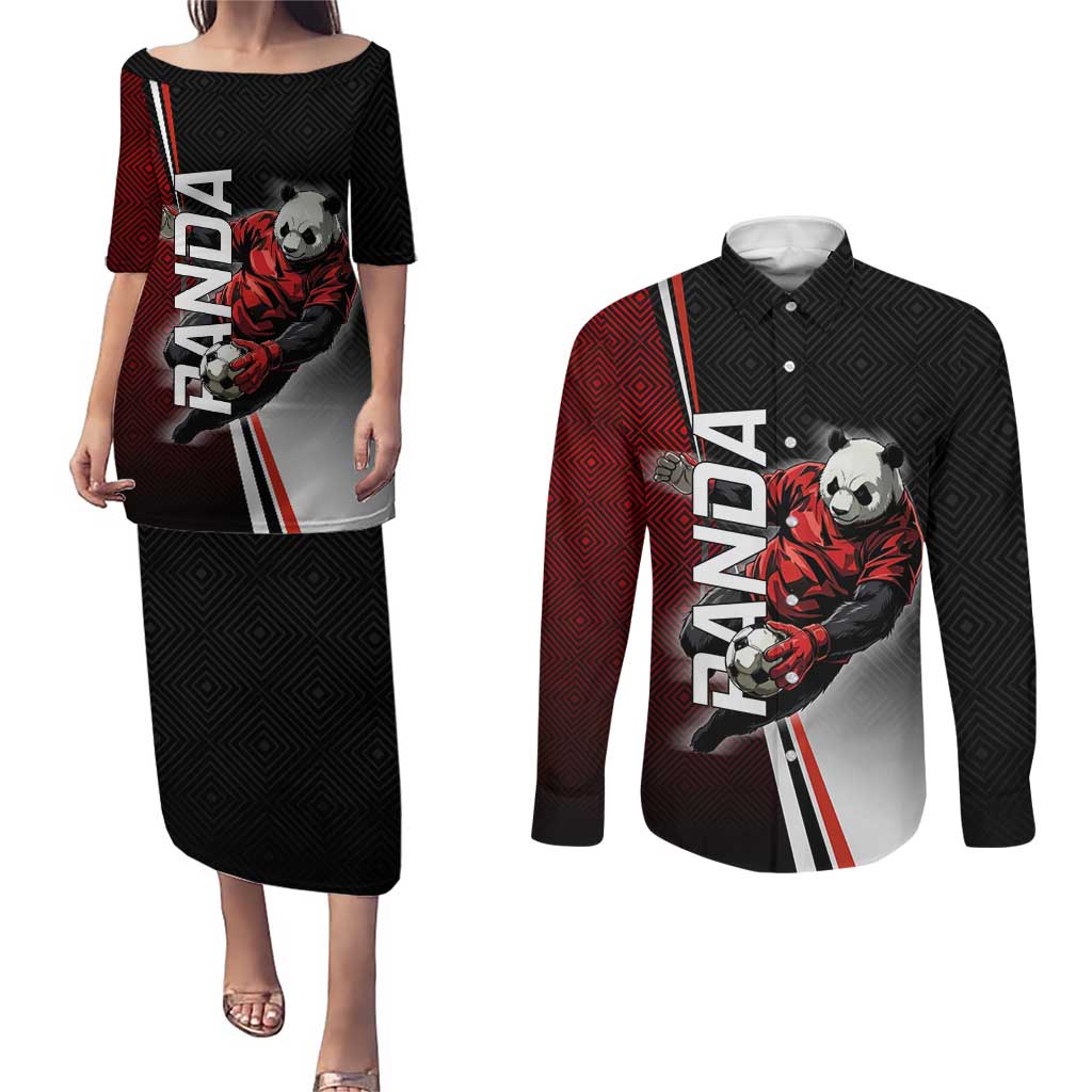 Personalized Panda Jujutsu Kaisen Soccer Theme Couples Matching Puletasi and Long Sleeve Button Shirt with Goalkeeper Pose and Red Black Geometric Graphic Design - The Mazicc