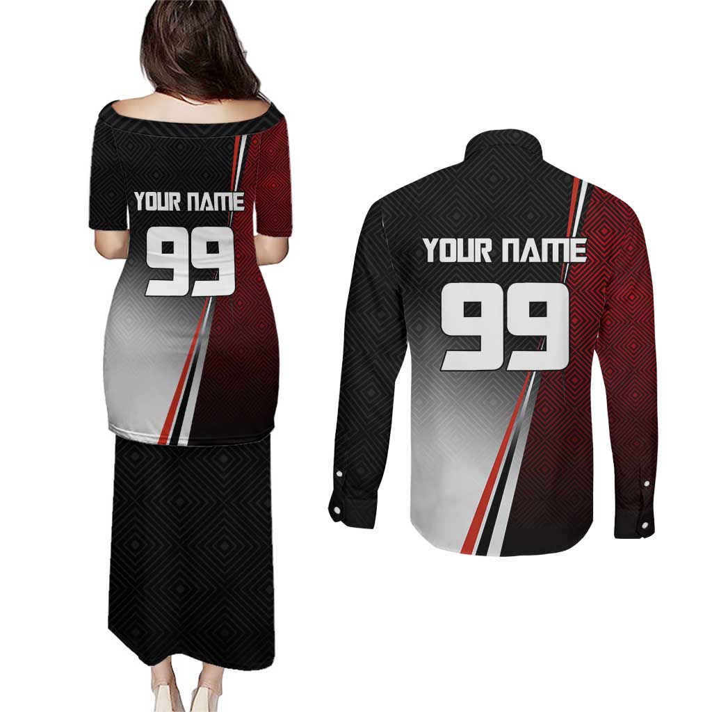 Personalized Panda Jujutsu Kaisen Soccer Theme Couples Matching Puletasi and Long Sleeve Button Shirt with Goalkeeper Pose and Red Black Geometric Graphic Design - The Mazicc