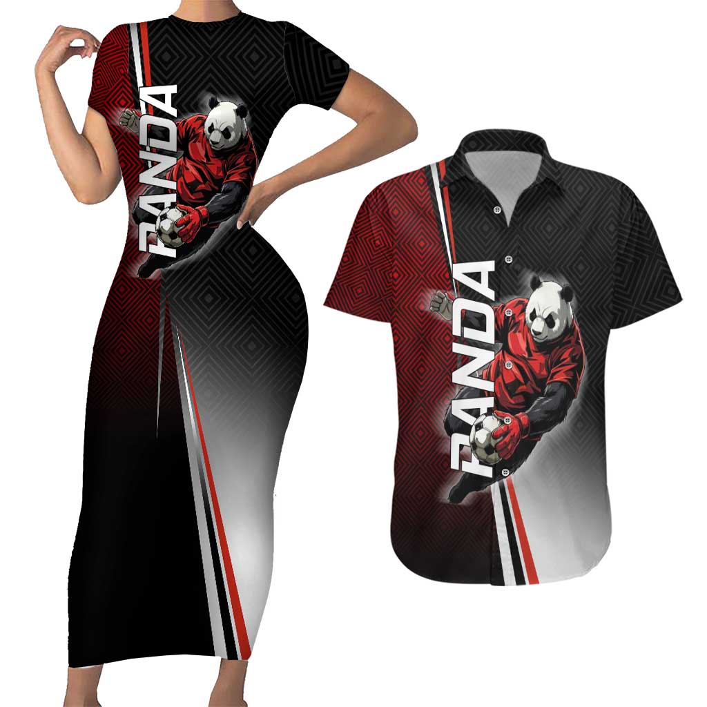 Personalized Panda Jujutsu Kaisen Soccer Theme Couples Matching Short Sleeve Bodycon Dress and Hawaiian Shirt with Goalkeeper Pose and Red Black Geometric Graphic Design - The Mazicc