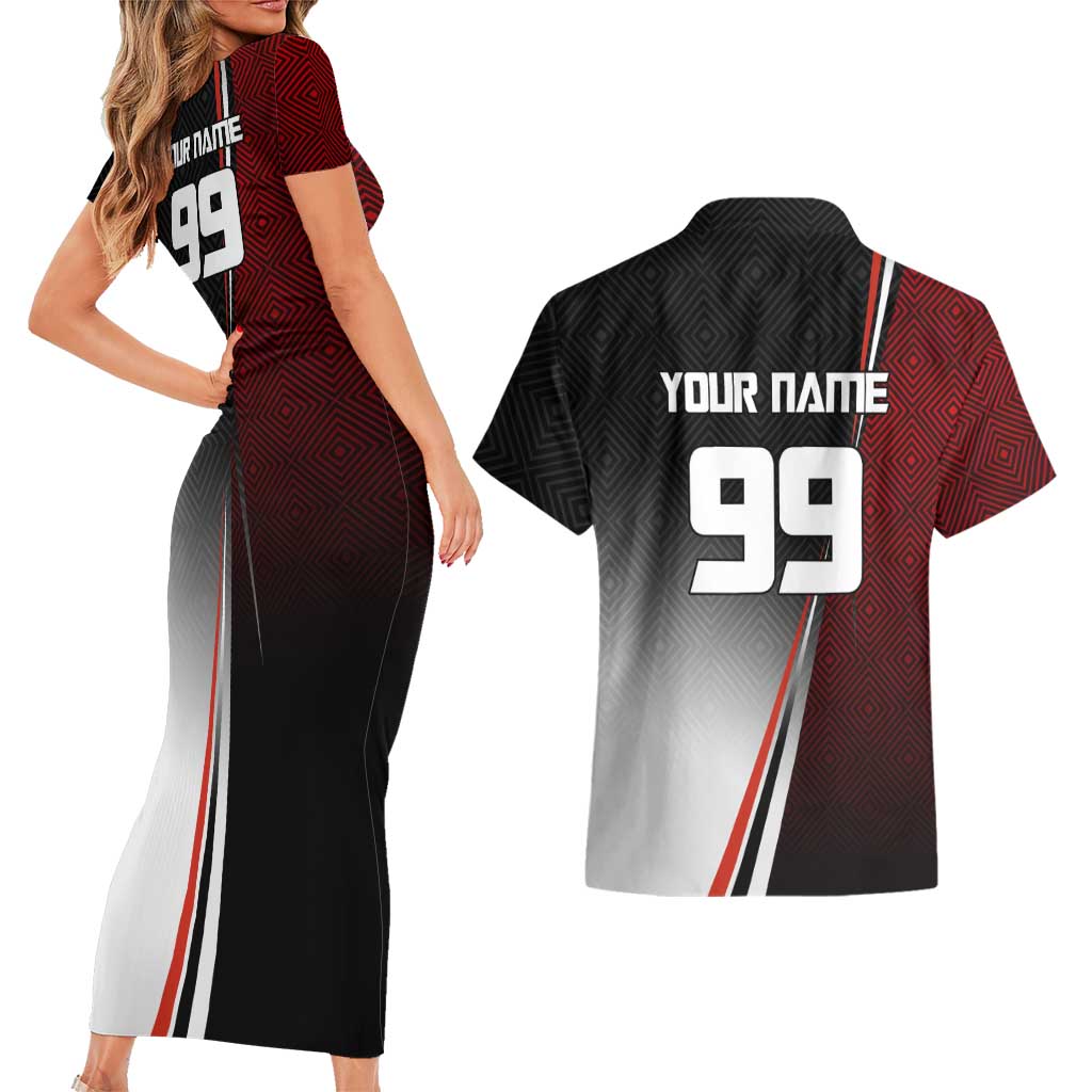 Personalized Panda Jujutsu Kaisen Soccer Theme Couples Matching Short Sleeve Bodycon Dress and Hawaiian Shirt with Goalkeeper Pose and Red Black Geometric Graphic Design - The Mazicc