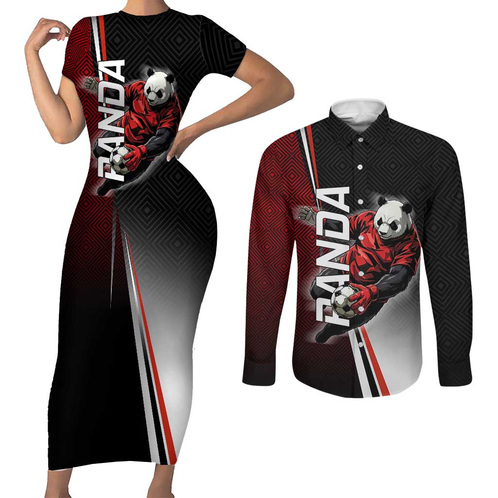 Personalized Panda Jujutsu Kaisen Soccer Theme Couples Matching Short Sleeve Bodycon Dress and Long Sleeve Button Shirt with Goalkeeper Pose and Red Black Geometric Graphic Design - The Mazicc