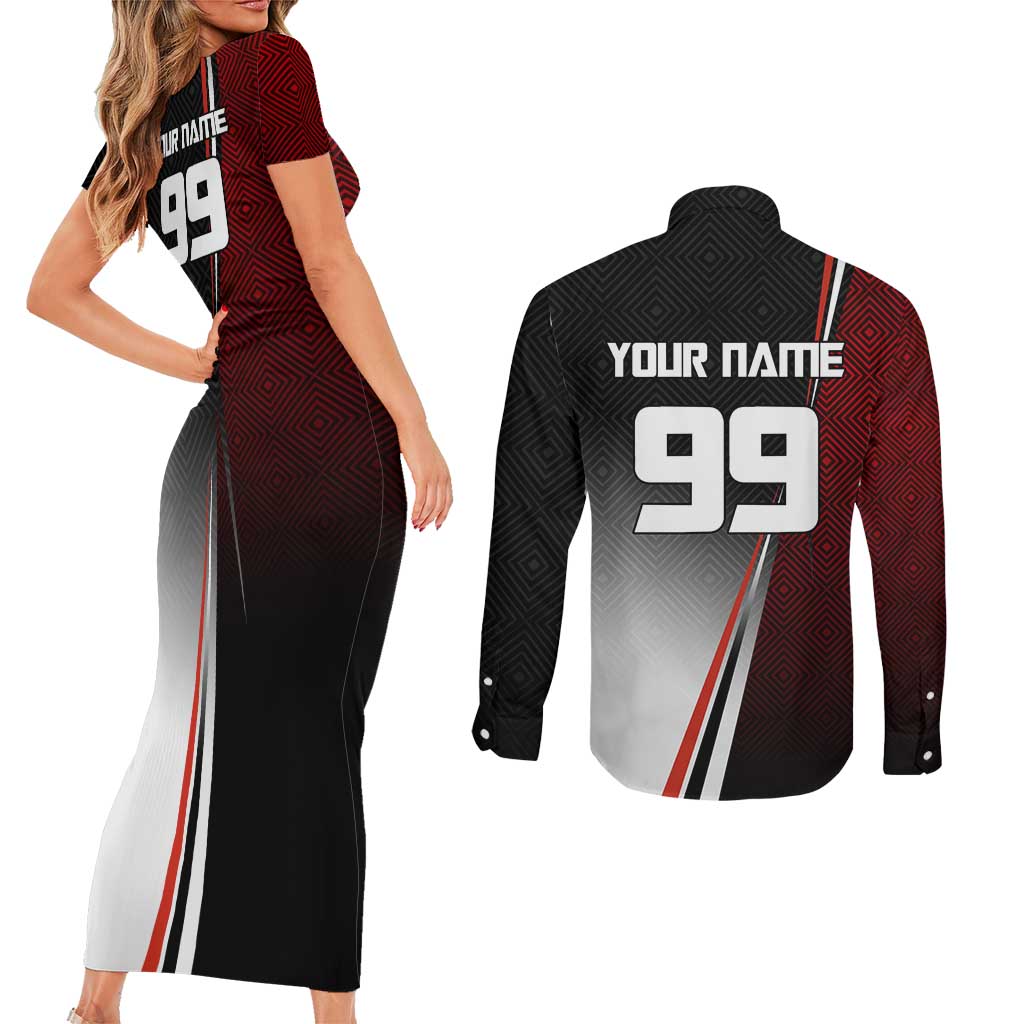Personalized Panda Jujutsu Kaisen Soccer Theme Couples Matching Short Sleeve Bodycon Dress and Long Sleeve Button Shirt with Goalkeeper Pose and Red Black Geometric Graphic Design - The Mazicc