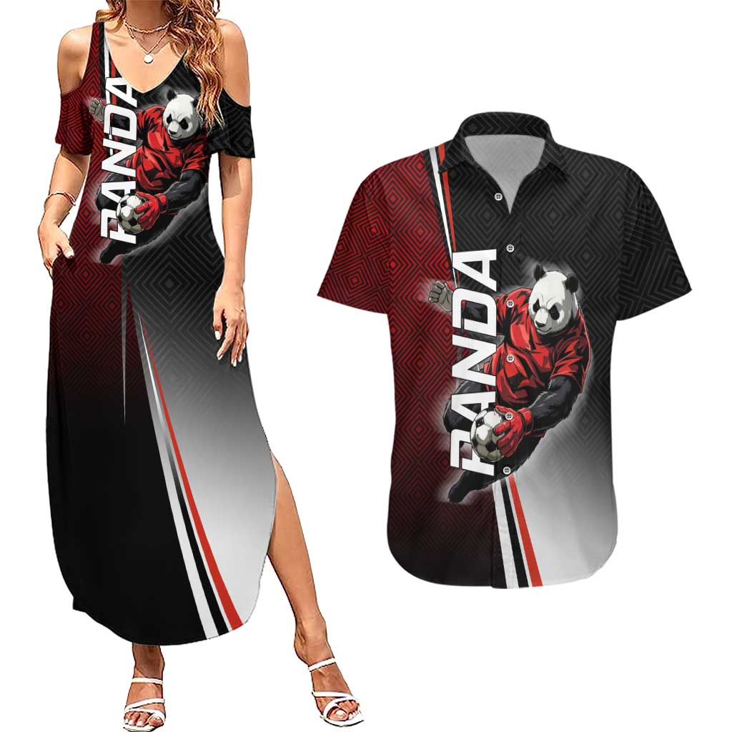 Personalized Panda Jujutsu Kaisen Soccer Theme Couples Matching Summer Maxi Dress and Hawaiian Shirt with Goalkeeper Pose and Red Black Geometric Graphic Design - The Mazicc